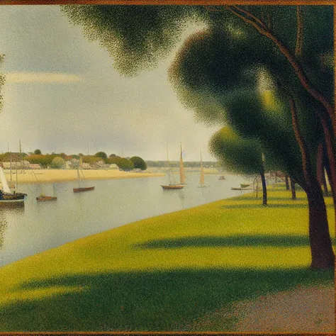 a painting of boats on a river near a path with trees and a village in the background with trees, by Georges Seurat, pointillism, boats, river, riverside, day, trees, sunny, sky, village, path, masterpiece