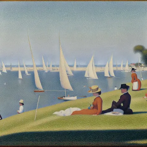 a painting of sailboats in the sea with many people sitting on a grass field in the foreground, by Georges Seurat, halftone, pointillism, seaside, trees, dress, women, men, crowd, hats, umbrellas, shade, shadows, day, sunny, masterpiece