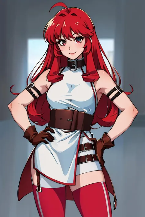(masterpiece, best quality:1.2), solo, 1girl, neonred, makeup, smile, looking at viewer, hand on hip, sleeveless, gloves, thighhighs, belt <lora:neonwhite_red-17:1>
