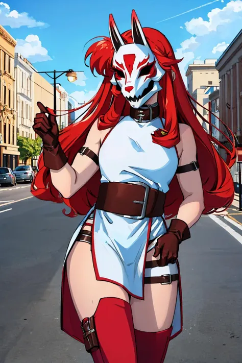 (masterpiece, best quality:1.2), cowboy shot, solo, 1girl, neonred, hand on hip, fox mask, sleeveless, gloves, thighhighs, knee boots, belt <lora:neonwhite_red-17:1>