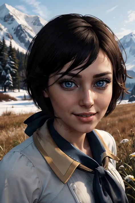 BioshockElizabeth, blue eyes, short black hair, white shirt, blue neckerchief, looking at viewer, smiling, close up shot, outside, field, mountain, winter, high quality, masterpiece, <lora:BioshockElizabeth:.8>
