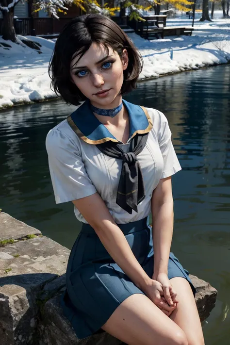 BioshockElizabeth, blue eyes, short black hair, white shirt, blue neckerchief, blue skirt, looking at viewer, serious, smirk, sitting, in river, outside, trees, from_above, sunny, winter, high quality, masterpiece,  <lora:BioshockElizabeth:.8>