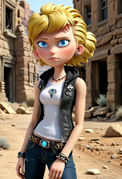 masterpiece, best quality, ultra_detailed, highres, absurdres, 1girl, <lora:penny_gadget_2015_xl_v2-000001:1> pennyg2015, blue eyes, blonde hair, lethear sleeveless short vest, bone and teeth necklace, tribal bracelets, threader earrings, mohawk haircut, punk, black jeans, post-apocalypse, ruined city in the desert, (light smile:0.35), solo, alone, toon \(style\), ultrahigh resolution textures