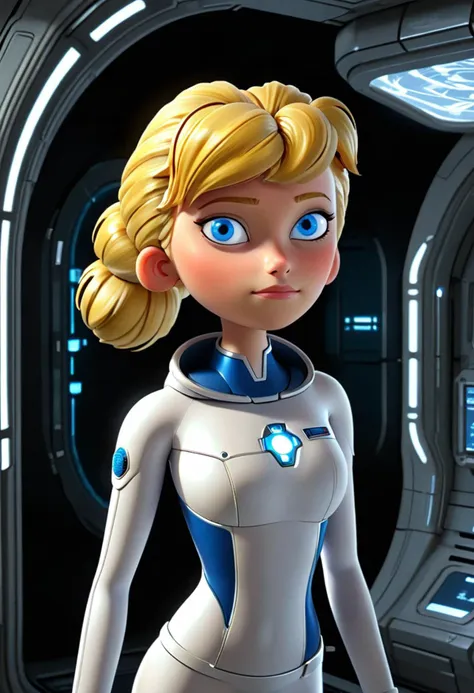 masterpiece, best quality, ultra_detailed, highres, absurdres, 1girl, <lora:penny_gadget_2015_xl_v2-000001:1> pennyg2015, blue eyes, blonde hair, hair bun, white spacesuit, (glowing:1.25) cybernetics, (light smile:0.35), full body, solo, alone, space station interior, futuristic, sci-fi, toon \(style\), ultrahigh resolution textures