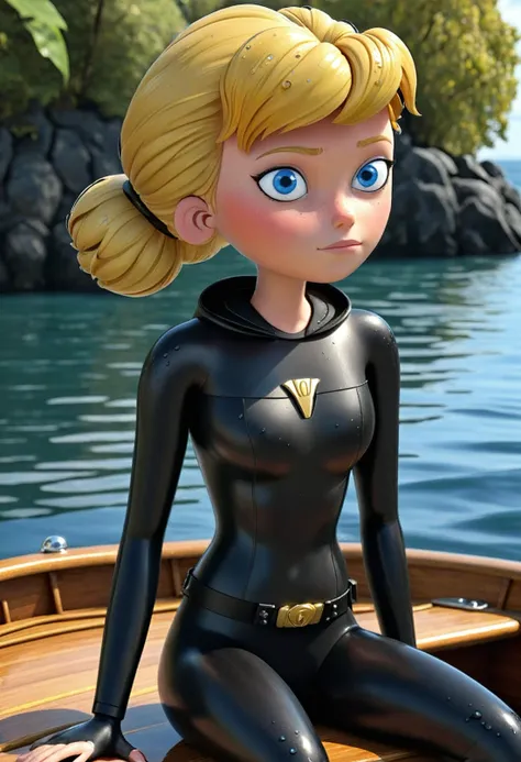 masterpiece, best quality, ultra_detailed, highres, absurdres, 1girl, <lora:penny_gadget_2015_xl_v2-000001:1> pennyg2015, black wetsuit, blue eyes, blonde hair, double bun, black diving belt, sit on a boat, (water drops:1.4), wet, (light smile:0.35), by sea, solo, alone, toon \(style\), ultrahigh resolution textures