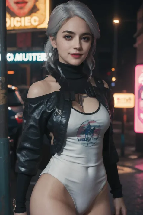 Best quality, masterpiece, ultra high res, (photorealistic:1.4),  raw photo, cyberpunk,1girl,solo, ciri, bare shoulders, blue eyes, breasts, leotard, outdoor, looking at viewer, smile, medium breasts, off-shoulder jacket, off shoulder, red eyeliner, short hair, sleeveless turtleneck leotard, solo, turtleneck leotard, white hair, ((masterpiece)), cyberpunk,  neon trim, terras , white hair, upper body,