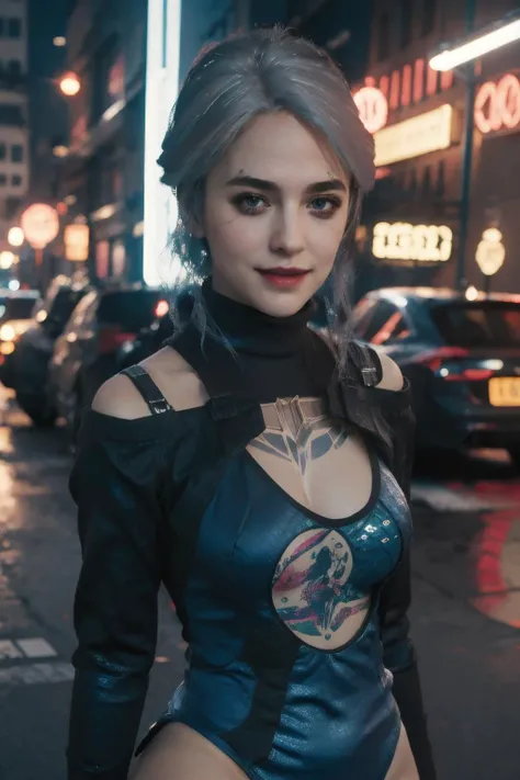 Best quality, masterpiece, ultra high res, (photorealistic:1.4), raw photo, cyberpunk edgerunners,1girl,solo, lucy \(cyberpunk\), bare shoulders, blue eyes, breasts, leotard, outdoor, looking at viewer, smile, medium breasts, off-shoulder jacket, off shoulder, red eyeliner, short hair, sleeveless turtleneck leotard, solo, turtleneck leotard, white hair, ((masterpiece)), cyberpunk, neon trim, terras , white hair,