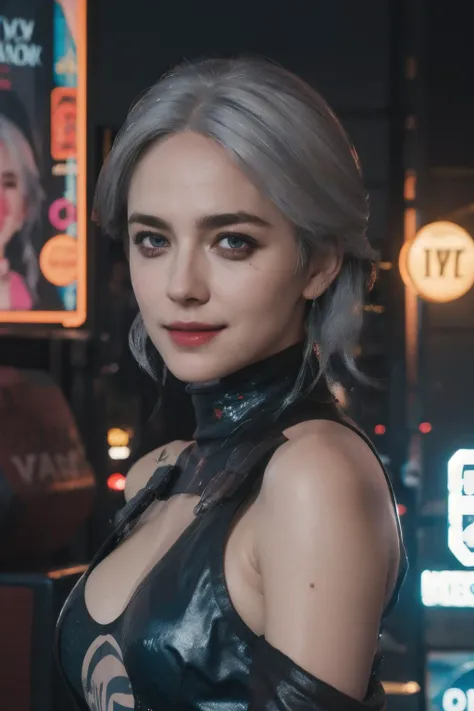 Best quality, masterpiece, ultra high res, (photorealistic:1.4), raw photo, cyberpunk,1girl,solo, ciri, bare shoulders, blue eyes, breasts, leotard, outdoor, looking at viewer, smile, medium breasts, off-shoulder jacket, off shoulder, red eyeliner, short hair, sleeveless turtleneck leotard, solo, turtleneck leotard, white hair, ((masterpiece)), cyberpunk, neon trim, terras , white hair, upper body,