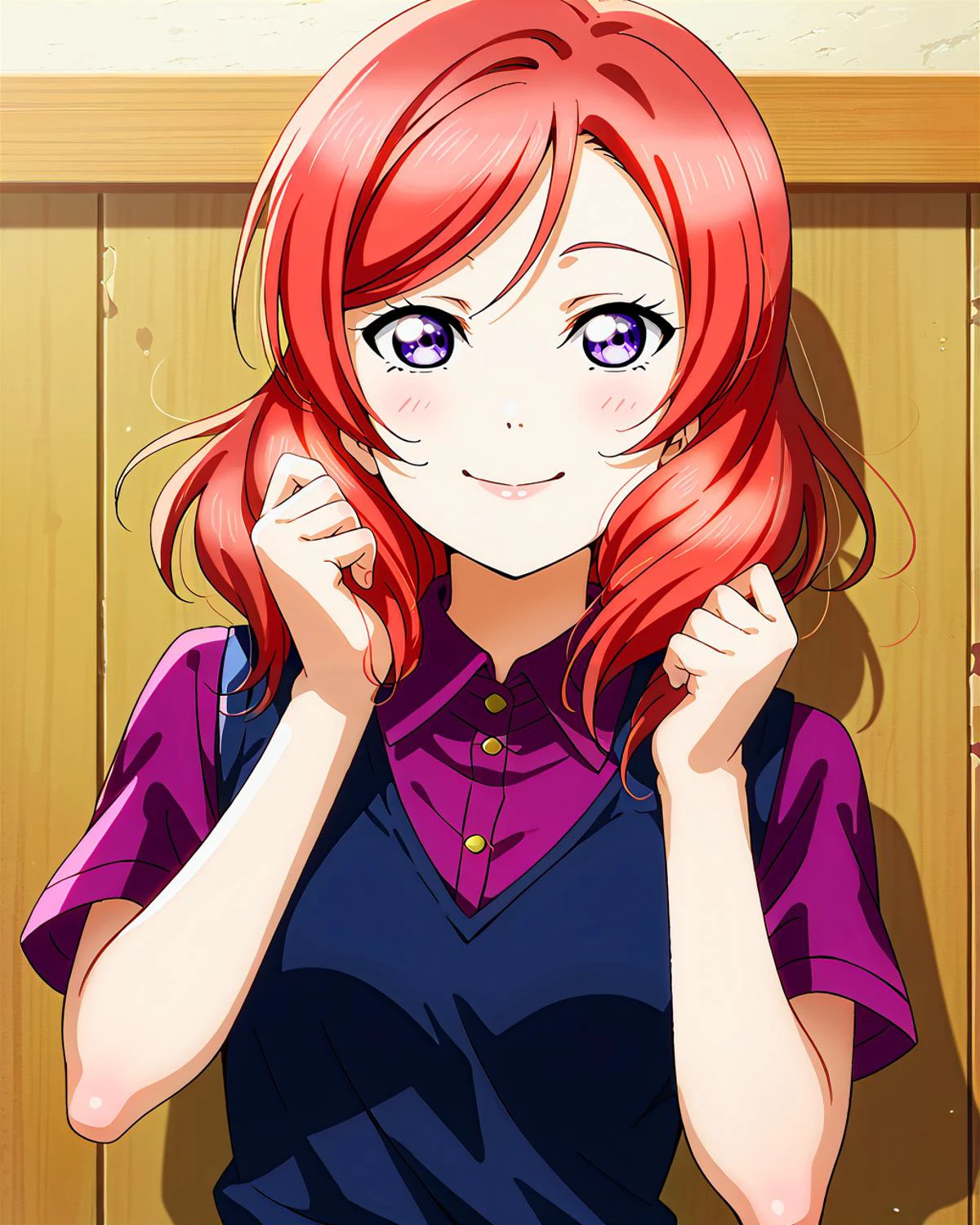 score_9, score_8_up, score_7_up, score_6_up, source_anime, looking at viewer, ((love live!, 1girl, nishikino maki, medium breasts, medium hair, purple eyes, red hair)) (head down), (bleached cedar shirt, vest), (Local specialties), smile, happy, <lora:LLChar_Pony:0.8> love live!