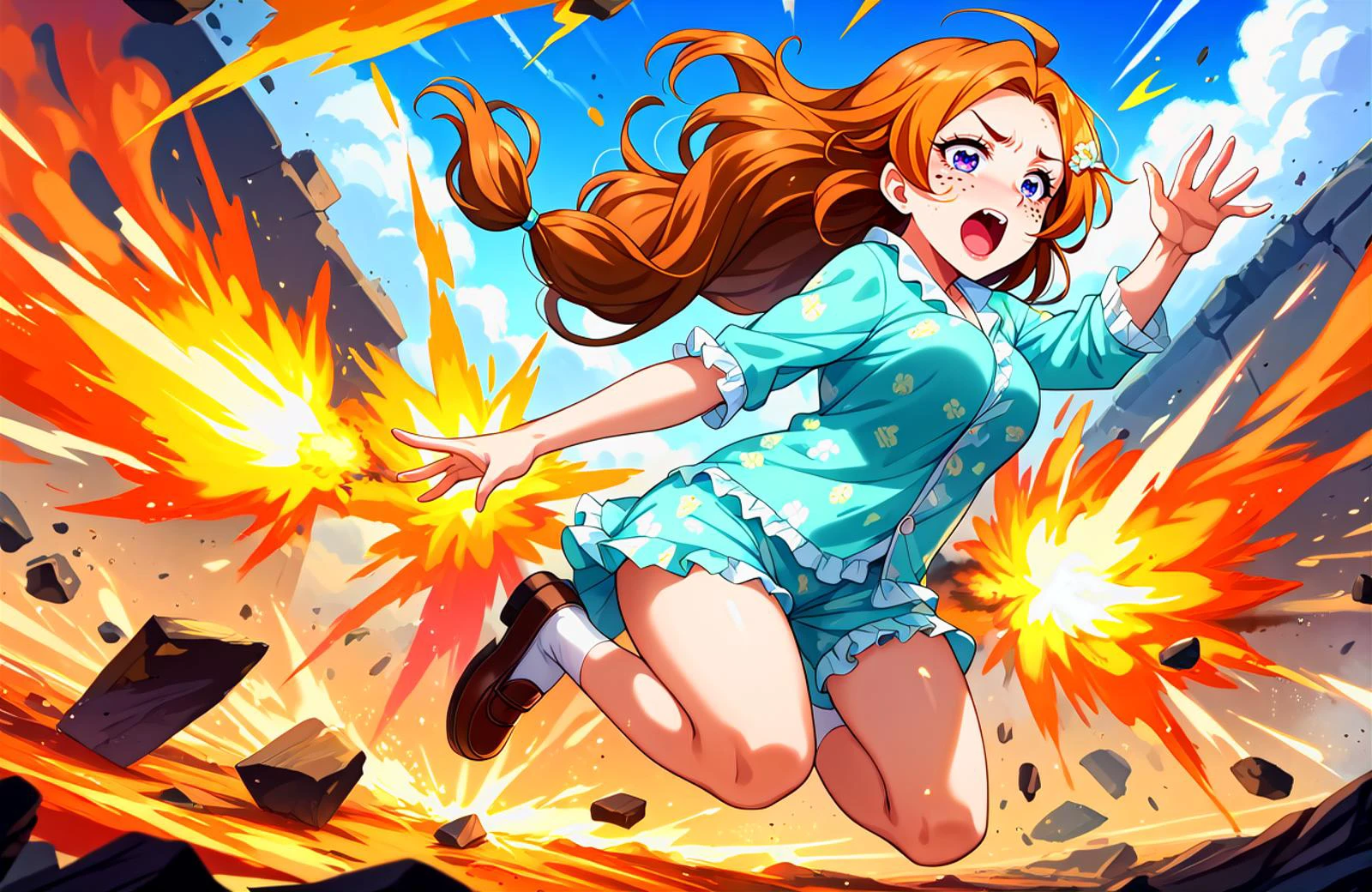 score_9, score_8_up, score_7_up, score_6_up, source_anime, (2girls:1.5), (multiple girls:1.5), duo, pair, <lora:LLChar_Pony_Niji:0.25> love live!, <lora:cinematic explosion style v2:0.6> cinematic explosion style, explosion, sparks, fire, debris, running, fleeing, screaming, jumping, surprised, open mouth, :o,
BREAK emma verde, blue eyes, (2 braids), brown hair, freckles, large breasts, long hair, school uniform,
BREAK konoe kanata, large breasts, long hair, orange hair, purple eyes, wavy hair, pajamas,