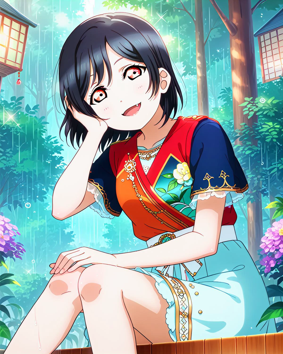 score_9, score_8_up, score_7_up, score_6_up, source_anime, looking at viewer, ((1girl, mifune shioriko, black hair, red eyes, short hair, fang)), (Resting gracefully on her side, one hand under her head and legs slightly bent, she embodies relaxation and leisurely beauty), (bridesmaid vietnamese dress), (Rainy Forest),<lora:LLChar_Pony_Niji:0.8> love live! <lora:LLChar_Pony:0.8>, smile, happy,