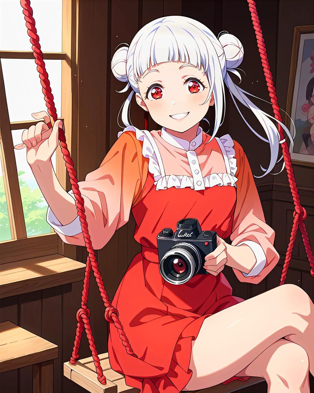 score_9, score_8_up, score_7_up, score_6_up, source_anime, looking at viewer, ((love live!, 1girl, arashi chisato, blunt bangs, double bun, hair bun, long hair, red eyes, small breasts, white hair)) (Sitting on a swing, holding a camera, capturing a moment while documenting memories), (manz skirt), (Mid-Century Modern Dining Room with Eames Chairs and Atomic Decor), smile, happy, <lora:LLChar_Pony_Liella:0.8>