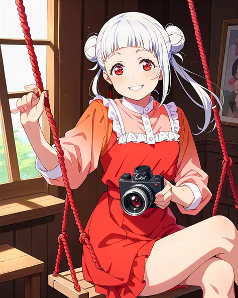 score_9, score_8_up, score_7_up, score_6_up, source_anime, looking at viewer, ((love live!, 1girl, arashi chisato, blunt bangs, double bun, hair bun, long hair, red eyes, small breasts, white hair)) (Sitting on a swing, holding a camera, capturing a moment while documenting memories), (manz skirt), (Mid-Century Modern Dining Room with Eames Chairs and Atomic Decor), smile, happy,  <lora:LLChar_Pony_Liella:0.8>