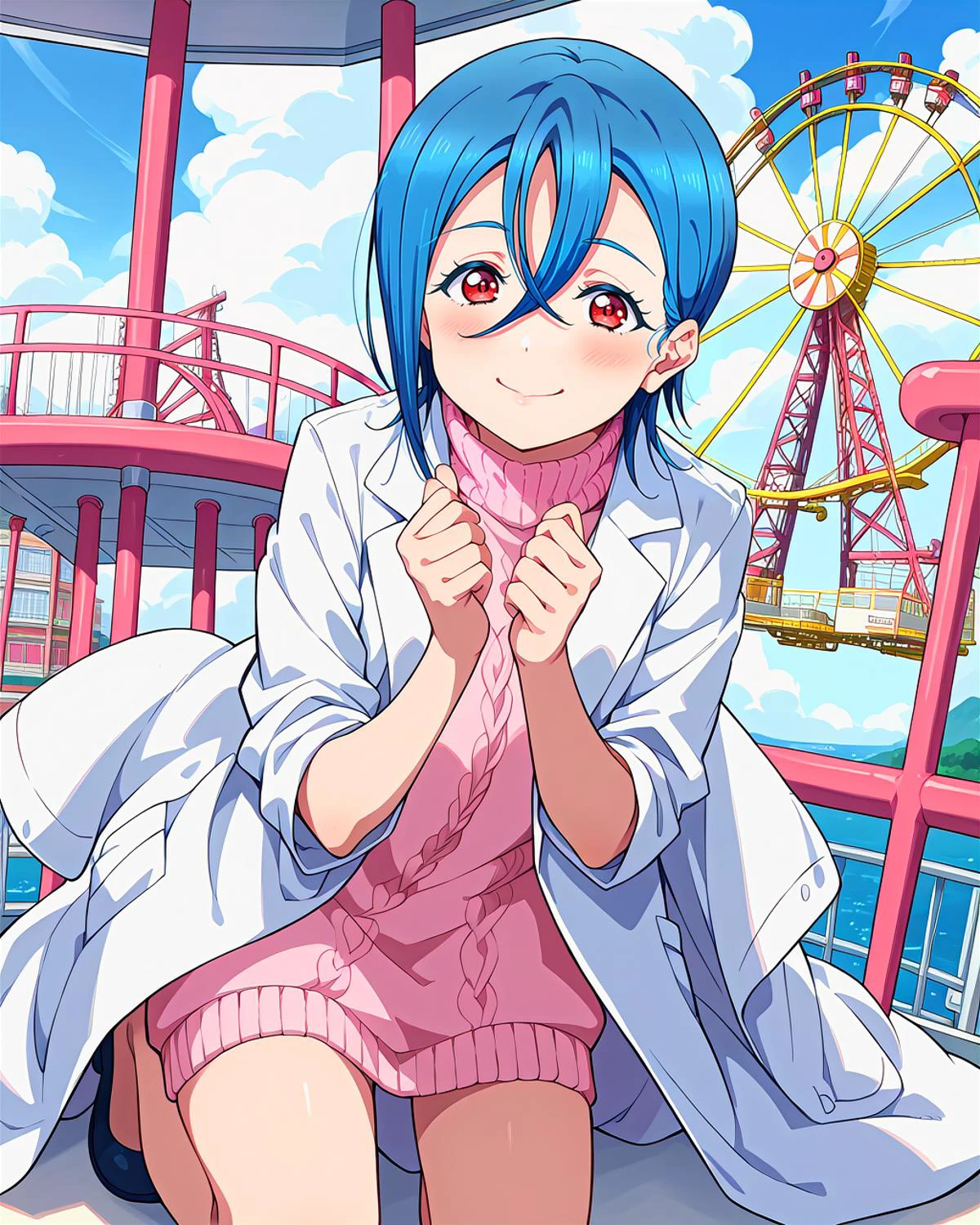 score_9, score_8_up, score_7_up, score_6_up, source_anime, looking at viewer, ((love live!, 1girl, wakana shiki, blue hair, lab coat, hair between eyes, red eyes, short hair, white coat)) (Kneeling on one knee), (blush pink Chunky knit sweater), (Ferris Wheel), smile, happy, <lora:LLChar_Pony_Liella:0.8>