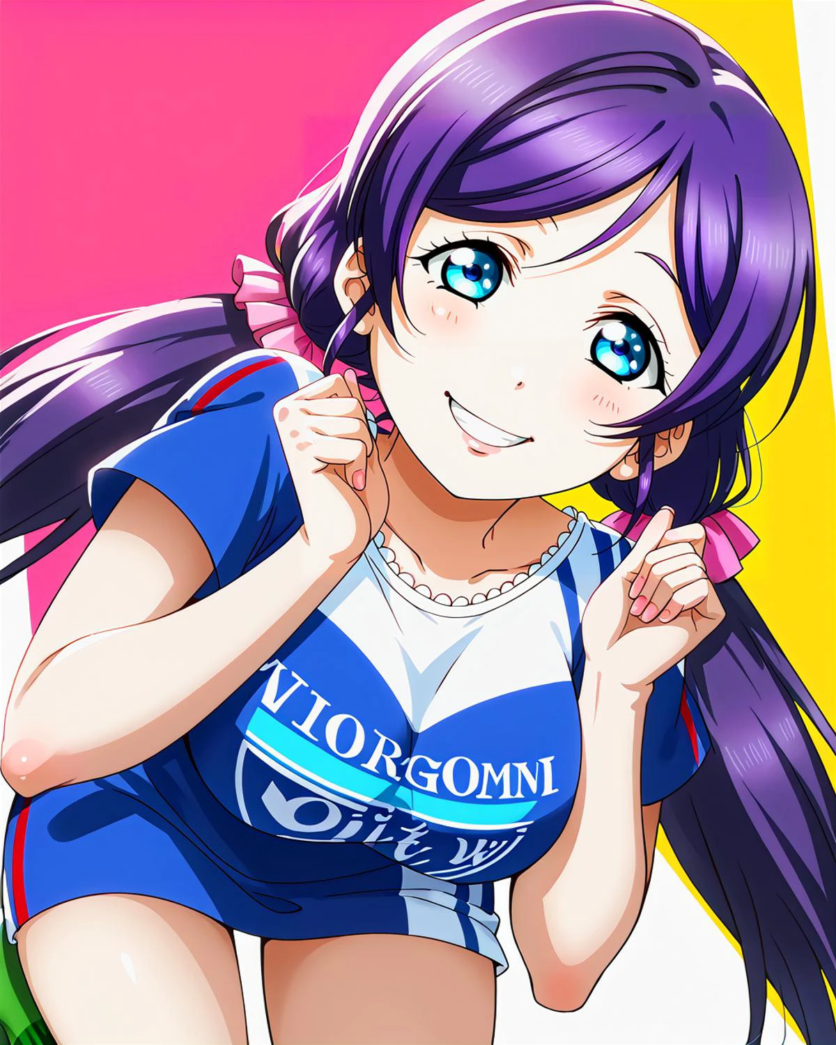 score_9, score_8_up, score_7_up, score_6_up, source_anime, looking at viewer, ((love live!, 1girl, tojo nozomi, blue eyes, large breasts, long hair, low twintails, purple hair, twintails)) (bent_over), (ncs green high socks), (Futuristic Cyber City with Neon Holograms), smile, happy, <lora:LLChar_Pony:0.8> love live!