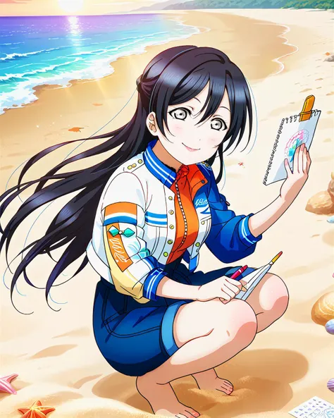 score_9, score_8_up, score_7_up, score_6_up, source_anime, looking at viewer, ((yuki setsuna (love live!), 1girl, black hair, grey eyes, hair between eyes, long hair, medium breasts, sidelocks)), (Crouching on the beach, drawing patterns in the sand, lost in creativity,), (parchment cropped jacket), (Sunrise over the Ocean),<lora:LLChar_Pony_Niji:0.8> love live! <lora:LLChar_Pony:0.8>, smile, happy,