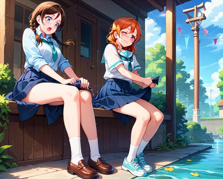 score_9, score_8_up, score_7_up, score_6_up, source_anime, (2girls:1.5), (multiple girls:1.5), water, wet, duo, clothes, puddle, outdoors, <lora:wringingskirt_Pony_v1:0.4> wringing skirt, <lora:LLChar_Pony_Niji:0.25> love live!
BREAK emma verde, blue eyes, (2 braids), brown hair, freckles, large breasts, long hair, surprised, open mouth, :o, wringing skirt, school uniform,
BREAK konoe kanata, large breasts, long hair, orange hair, purple eyes, wavy hair, shy smile, blush, wringing shirt, school uniform,