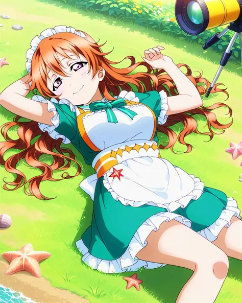 score_9, score_8_up, score_7_up, score_6_up, source_anime, looking at viewer, ((1girl, konoe kanata, large breasts, long hair, orange hair, purple eyes, sleepy, wavy hair)), (Lying on a grassy hill, arms spread out, looking like a starfish and enjoying the sun,), (kombu green maid uniform), (Celestial Star Observatory with Telescope Domes),<lora:LLChar_Pony_Niji:0.8> love live! <lora:LLChar_Pony:0.8>, smile, happy,