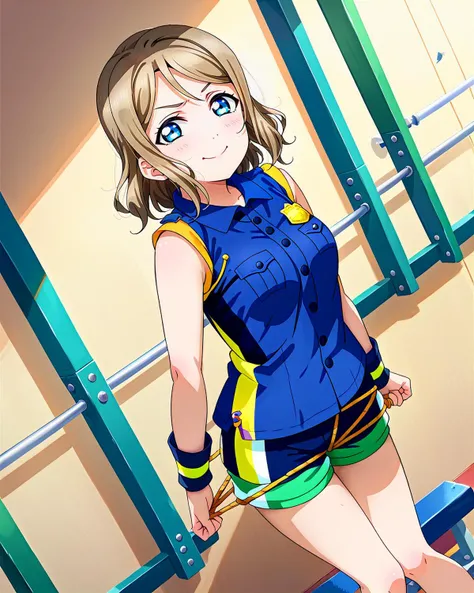 score_9, score_8_up, score_7_up, score_6_up, source_anime, looking at viewer, ((love live!, 1girl, watanabe you, blue eyes, light brown hair, medium breasts, medium hair)) (arms pulling an imaginary rope, body leaning back, legs braced, struggling and determined body language), (verdun green gym shorts), (Police station), smile, happy, <lora:LLChar_Pony_Aq:0.8>