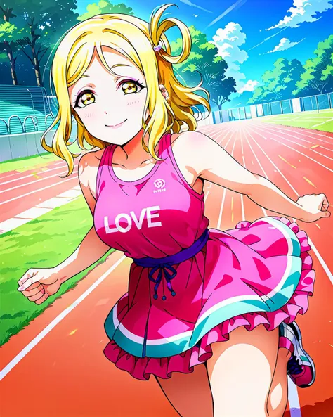 score_9, score_8_up, score_7_up, score_6_up, source_anime, looking at viewer, ((love live!, 1girl, ohara mari, blonde hair, medium breasts, medium hair, single hair ring, yellow eyes)) (running), (light carmine pink Mini Dress), (Sports Center), smile, happy, <lora:LLChar_Pony_Aq:0.8>