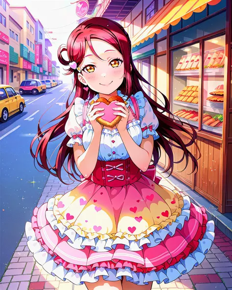 score_9, score_8_up, score_7_up, score_6_up, source_anime, looking at viewer, ((love live!, 1girl, sakurauchi riko, hair ornament, long hair, medium breasts, red hair, yellow eyes)) (Hands forming a heart shape), (Passion Pink petticoat), (Street food), smile, happy, <lora:LLChar_Pony_Aq:0.8>