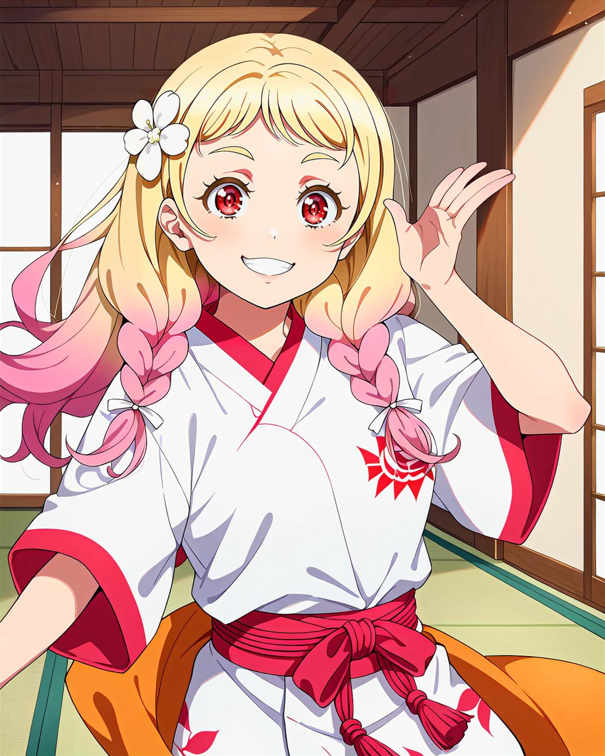 score_9, score_8_up, score_7_up, score_6_up, source_anime, looking at viewer, ((love live!, 1girl, onitsuka natsumi, light blonde hair, braid, gradient hair, long hair, low twin braids, medium breasts, multicolored hair, parted bangs, pink hair, red eyes, twin braids, hair ornament, hair flower, white flower)) (practicing martial arts,the armbar), (Pumpkin Oversized shirt), (Modern Living Room with Neutral Tones and Minimalist Design), smile, happy, <lora:LLChar_Pony_Liella:0.8>
