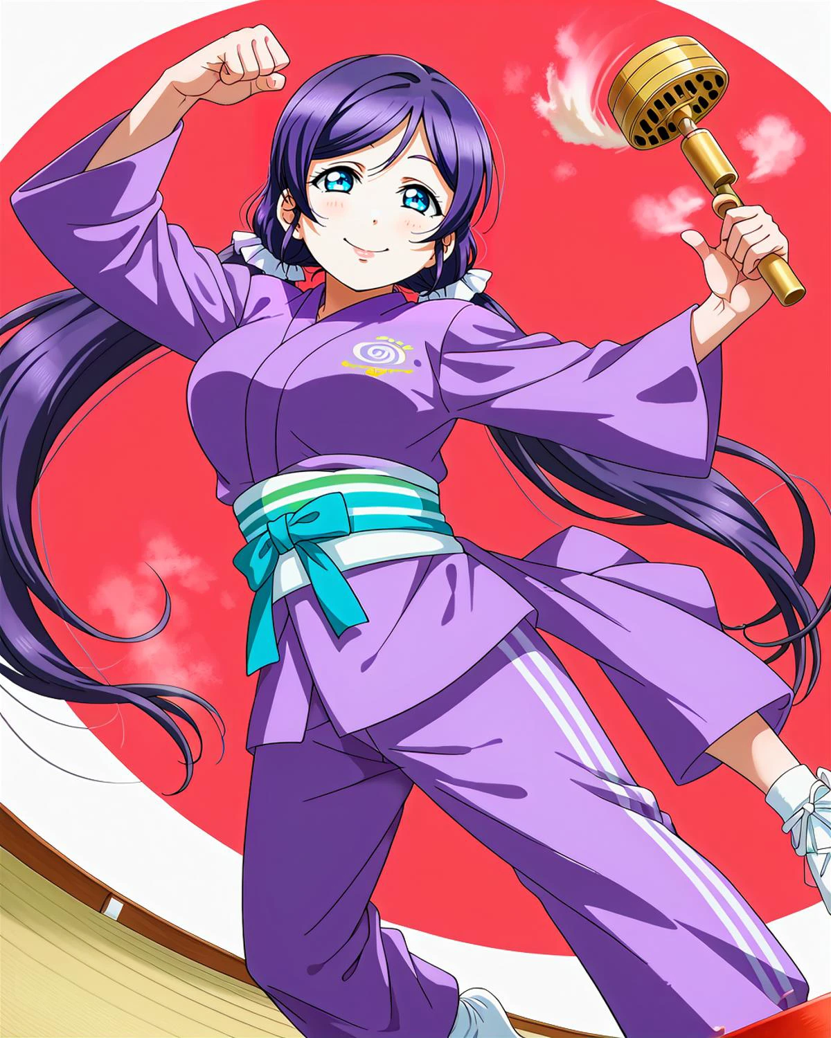 score_9, score_8_up, score_7_up, score_6_up, source_anime, looking at viewer, ((love live!, 1girl, tojo nozomi, blue eyes, large breasts, long hair, low twintails, purple hair, twintails)) (martial arts flying roundhouse kick), (nepal bodystocking), (Steam turbine), smile, happy, <lora:LLChar_Pony:0.8> love live!
