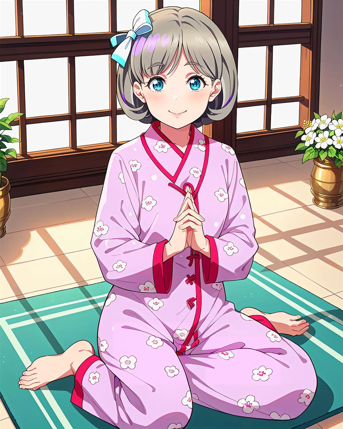 score_9, score_8_up, score_7_up, score_6_up, source_anime, looking at viewer, ((love live!, 1girl, tang keke, blue eyes, grey hair, hair ribbon, parted bangs, short hair, purple highlights)) (Sitting cross-legged on a mat, meditating,), (orient flower pattern pajamas), (Historic Mansion), smile, happy, <lora:LLChar_Pony_Liella:0.8>