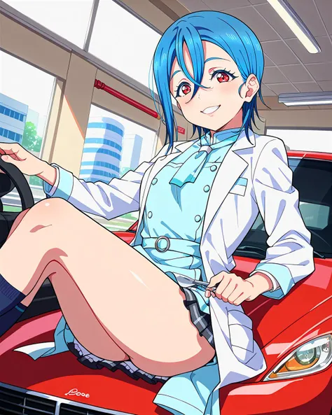 score_9, score_8_up, score_7_up, score_6_up, source_anime, looking at viewer, ((love live!, 1girl, wakana shiki, blue hair, lab coat, hair between eyes, red eyes, short hair, white coat)) (one_knee), (dogwood rose apron), (car , Airport), smile, happy, <lora:LLChar_Pony_Liella:0.8>