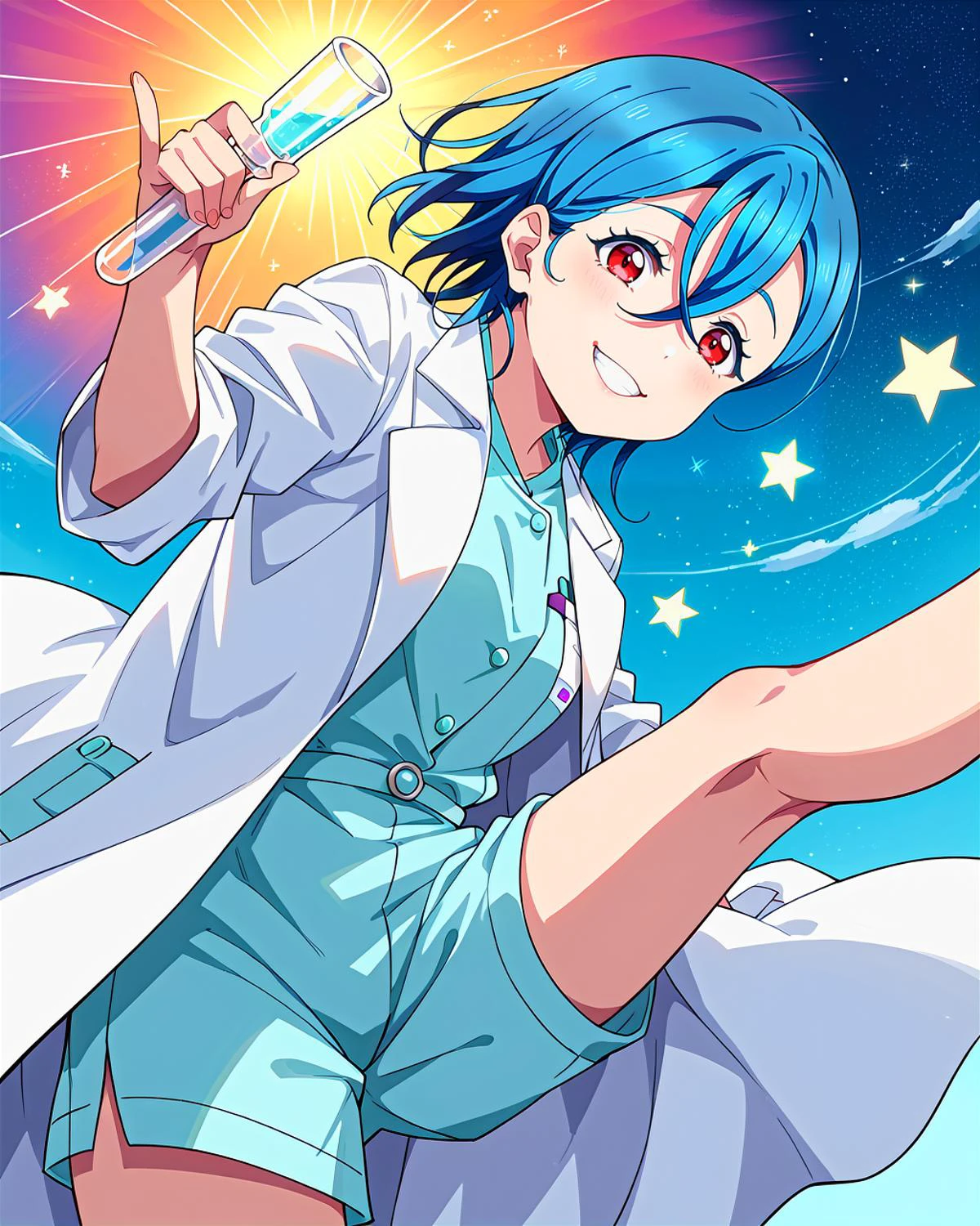 score_9, score_8_up, score_7_up, score_6_up, source_anime, looking at viewer, ((love live!, 1girl, wakana shiki, blue hair, lab coat, hair between eyes, red eyes, short hair, white coat)) (Standing with one foot on a step or platform), (picotee blue shorts), (Celestial Sky with Shimmering Stars), smile, happy, <lora:LLChar_Pony_Liella:0.8>