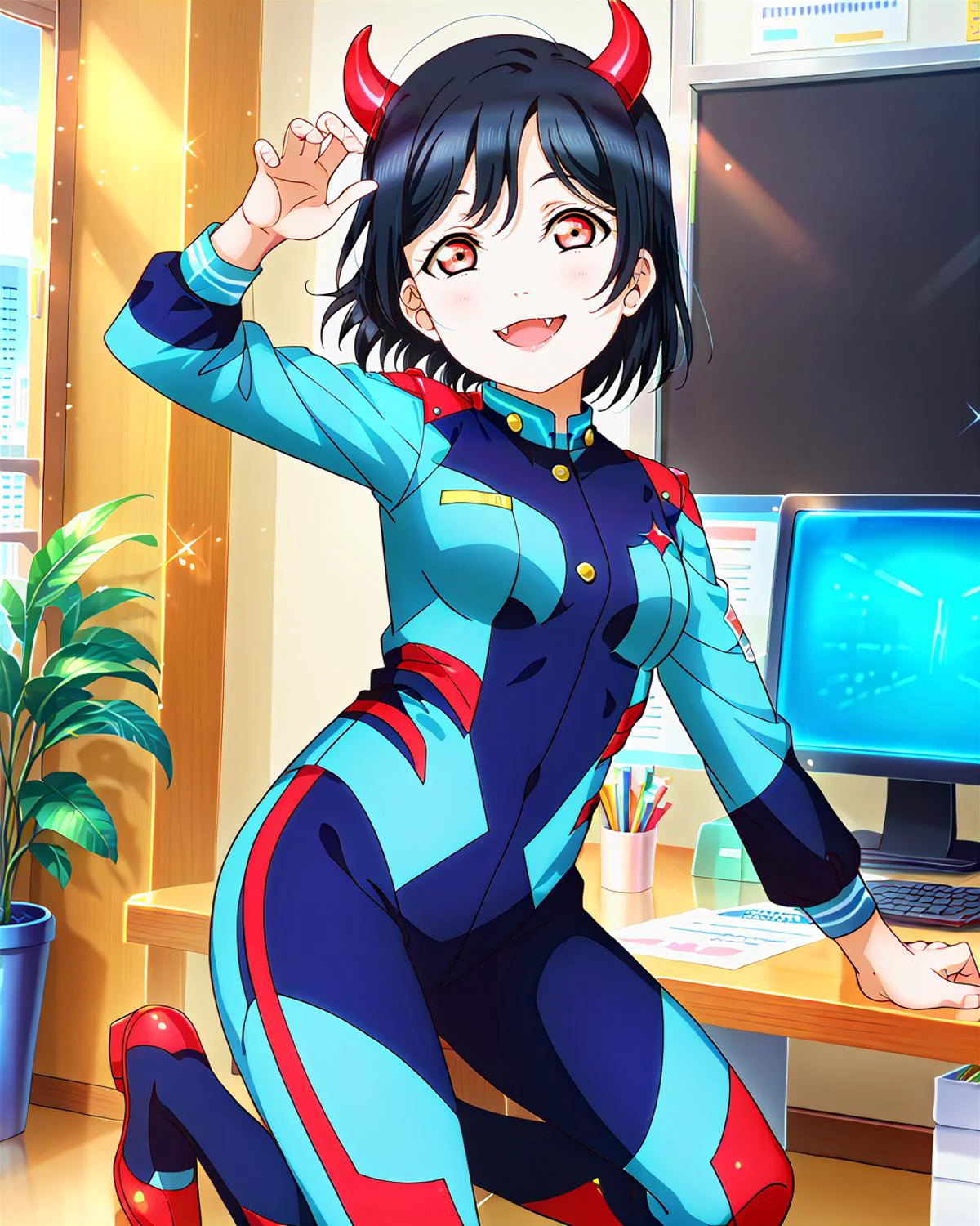 score_9, score_8_up, score_7_up, score_6_up, source_anime, looking at viewer, ((1girl, mifune shioriko, black hair, red eyes, short hair, fang)), (horns_pose), (Midnight Blue bodysuit), (Office),<lora:LLChar_Pony_Niji:0.8> love live! <lora:LLChar_Pony:0.8>, smile, happy,