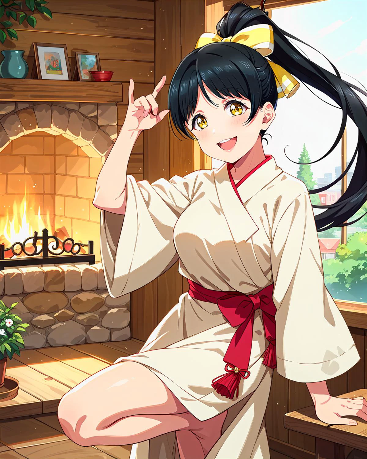 score_9, score_8_up, score_7_up, score_6_up, source_anime, looking at viewer, ((love live!, 1girl, hazuki ren, black hair, hair bow, large breasts, long hair, ponytail, yellow eyes)) (Web-Slinging Pose, One hand forward as if shooting webs, one leg raised, ready to swing through the city,), (cafe noir robe), (Rustic Cabin Living Room with Stone Fireplace and Leather Furniture), smile, happy, <lora:LLChar_Pony_Liella:0.8>