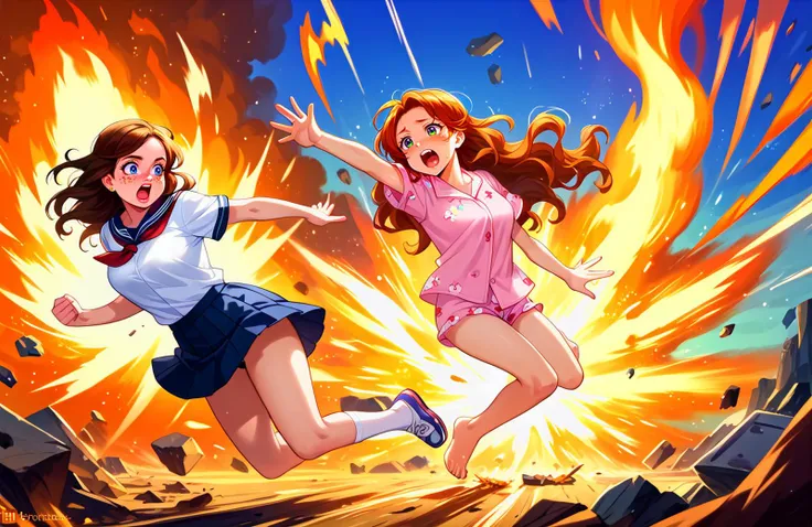 score_9, score_8_up, score_7_up, score_6_up, source_anime, (2girls:1.5), (multiple girls:1.5), duo, pair, <lora:LLChar_Pony_Niji:0.25> love live!, <lora:cinematic explosion style v2:0.6> cinematic explosion style, explosion, sparks, fire, debris, running, fleeing, screaming, jumping, surprised, open mouth, :o,
BREAK emma verde, blue eyes, (2 braids), brown hair, freckles, large breasts, long hair, school uniform,
BREAK konoe kanata, large breasts, long hair, orange hair, purple eyes, wavy hair, pajamas,