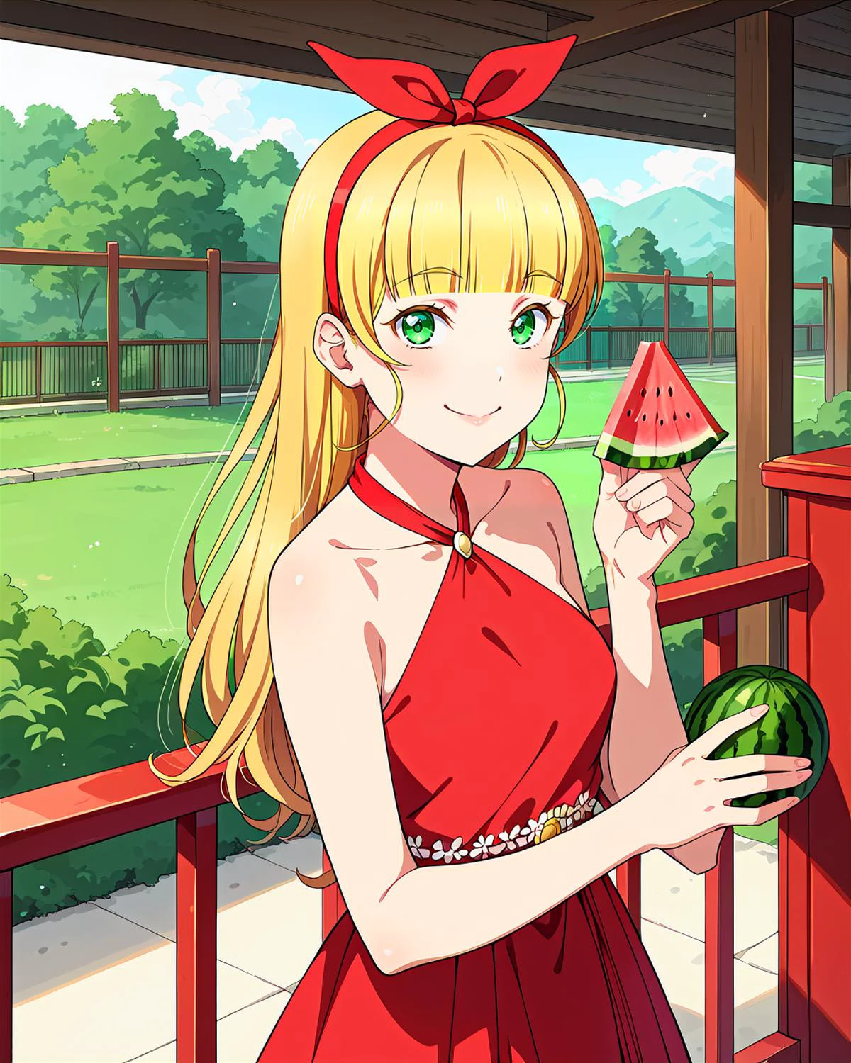 score_9, score_8_up, score_7_up, score_6_up, source_anime, looking at viewer, ((love live!, 1girl, heanna shumire, blonde hair, blunt bangs, green eyes, hairband, long hair, red hairband)) (Standing near a railing or fence, holding it with both hands, gazing ahead,), (melon Halterneck Dress), (Modern Living Room with Neutral Tones and Minimalist Design), smile, happy, <lora:LLChar_Pony_Liella:0.8>