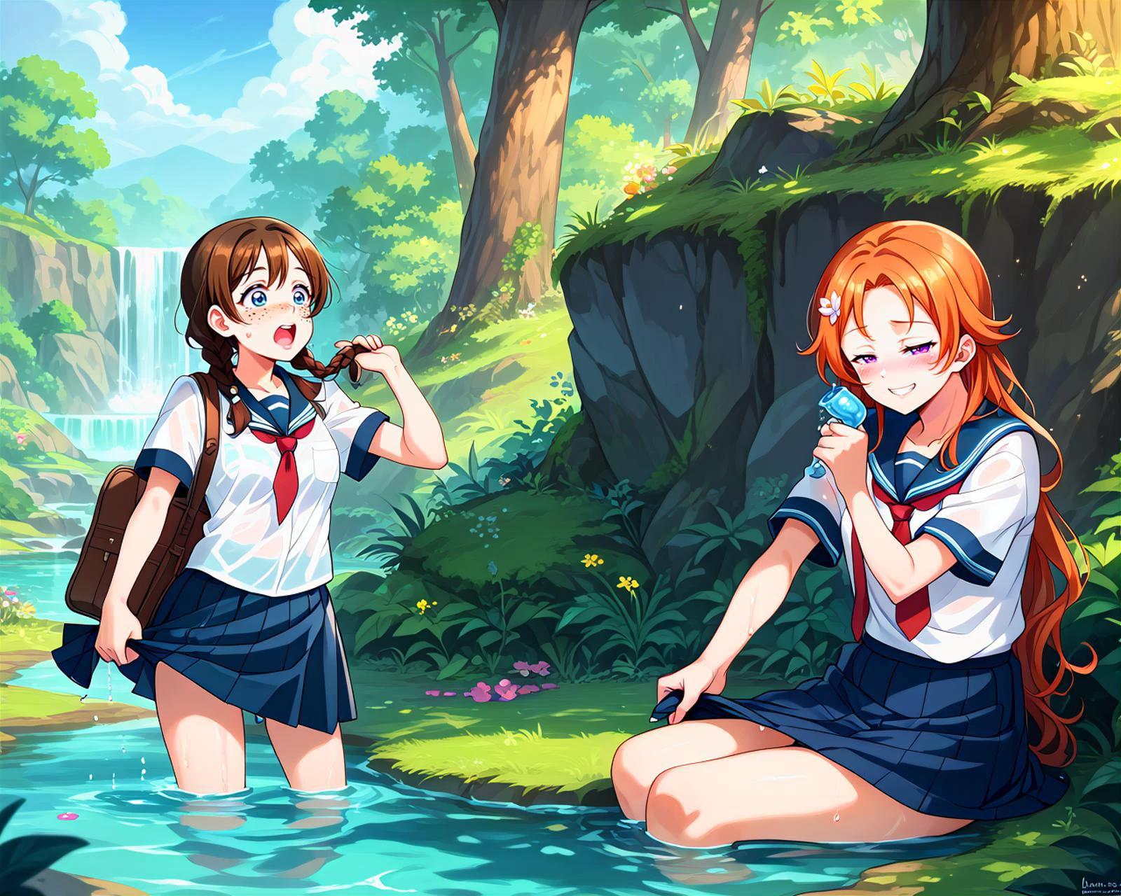 score_9, score_8_up, score_7_up, score_6_up, source_anime, (2girls:1.5), (multiple girls:1.5), water, wet, duo, clothes, puddle, outdoors, <lora:wringingskirt_Pony_v1:0.4> wringing skirt, <lora:LLChar_Pony_Niji:0.25> love live!
BREAK emma verde, blue eyes, (2 braids), brown hair, freckles, large breasts, long hair, surprised, open mouth, :o, wringing skirt, school uniform,
BREAK konoe kanata, large breasts, long hair, orange hair, purple eyes, wavy hair, shy smile, blush, wringing shirt, school uniform,