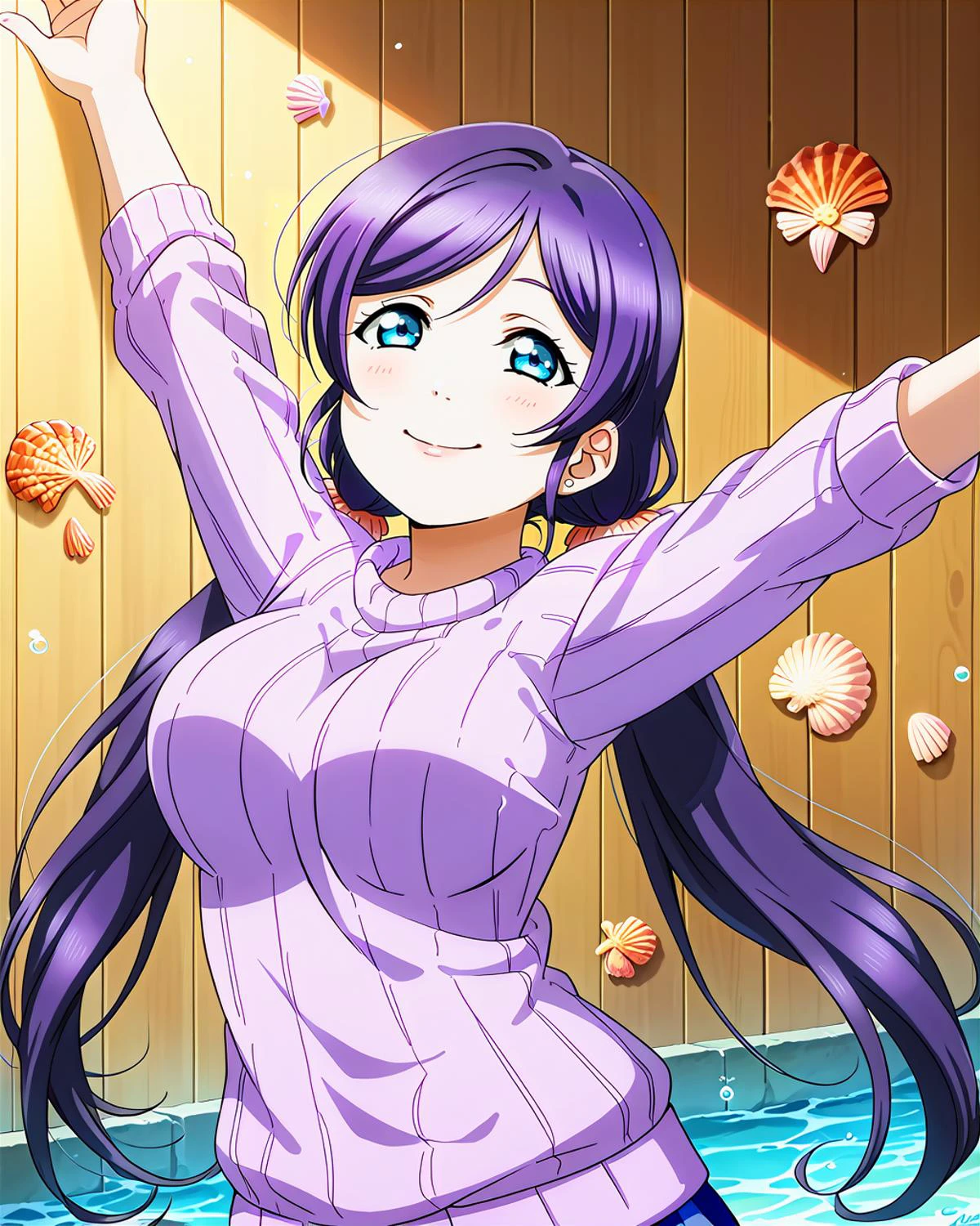 score_9, score_8_up, score_7_up, score_6_up, source_anime, looking at viewer, ((love live!, 1girl, tojo nozomi, blue eyes, large breasts, long hair, low twintails, purple hair, twintails)) (Leaning back with arms outstretched,), (seashell Cropped knit sweater), (Water Installation), smile, happy, <lora:LLChar_Pony:0.8> love live!