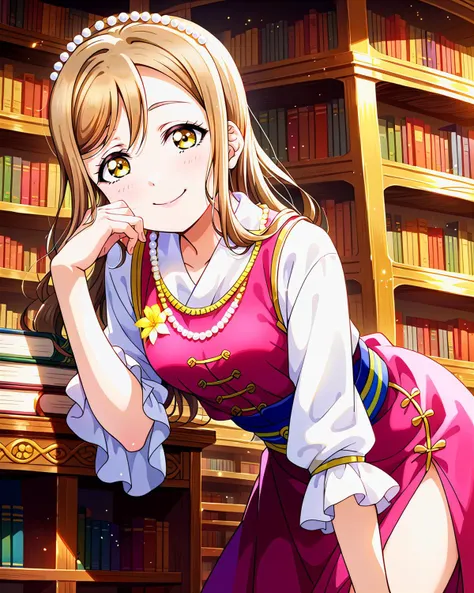 score_9, score_8_up, score_7_up, score_6_up, source_anime, looking at viewer, ((love live!, 1girl, kunikida hanamaru, light brown hair, long hair, sidelocks, swept bangs, yellow eyes)) (Resting gracefully on her side, one hand under her head and legs slightly bent, she embodies relaxation and leisurely beauty), (double pearl lusta flower trim), (Ancient Library with Parchment Scrolls), smile, happy, <lora:LLChar_Pony_Aq:0.8>