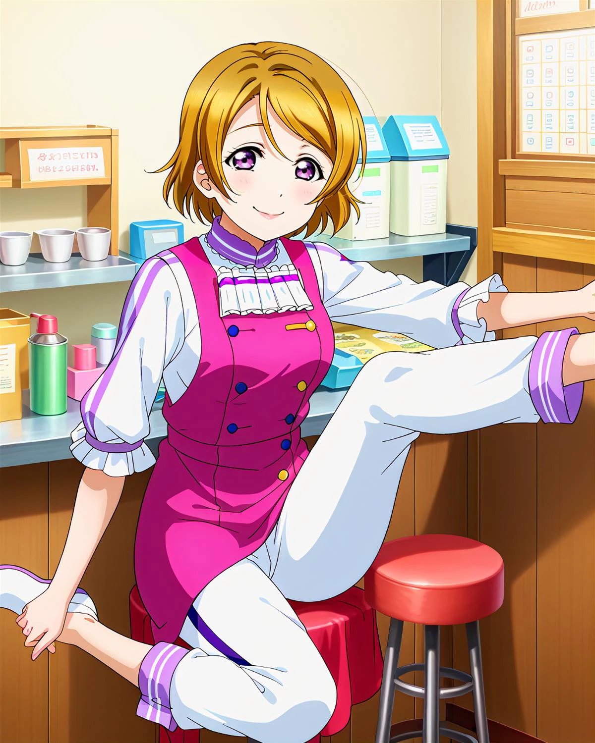 score_9, score_8_up, score_7_up, score_6_up, source_anime, looking at viewer, ((love live!, 1girl, koizumi hanayo, light brown hair, purple eyes, short hair)) (Sitting, on a stool with one leg raised,), (half colonial white pants), (Florist), smile, happy, <lora:LLChar_Pony:0.8> love live!