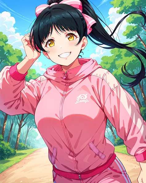 score_9, score_8_up, score_7_up, score_6_up, source_anime, looking at viewer, ((love live!, 1girl, hazuki ren, black hair, hair bow, large breasts, long hair, ponytail, yellow eyes)) (Walking with a confident stride, looking determined), (pink bikesuit), (camp), smile, happy,  <lora:LLChar_Pony_Liella:0.8>