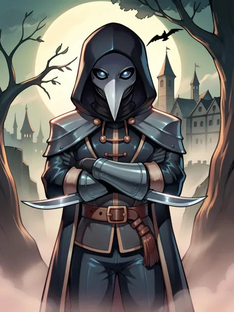 score_9, score_8_up, score_7_up, score_6_up, score_5_up, score_4_up, (derpibooru_p_95), front view, cowboy shot, 1girl, plague doctor, mask, narrow waist, blade on arms, crossed arms, standing, hood up, black coat, black gloves, pants, outdoors, medieval, fog  <lora:character_generic_plaguedoctor_PDXL:1>