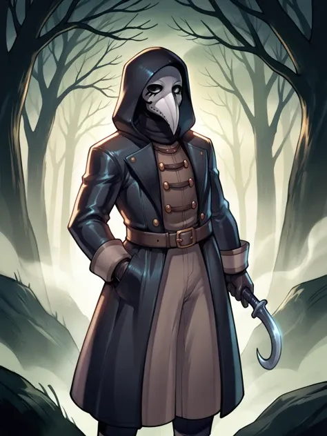 score_9, score_8_up, score_7_up, score_6_up, score_5_up, score_4_up, (derpibooru_p_95), front view, cowboy shot, 1girl, plague doctor, mask, narrow waist, blade on arms, crossed arms, standing, hood up, black coat, black gloves, pants, outdoors, medieval, fog  <lora:character_generic_plaguedoctor_PDXL:1>