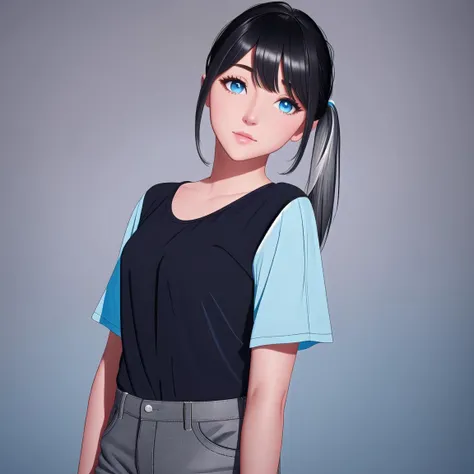 LumiN0va, 1girl, solo, shirt, blue background, shorts, blue eyes, side ponytail, blue shirt, looking at viewer, arms behind back, simple background, short sleeves, cowboy shot, bangs, white shorts, (gradient hair, black hair, grey hair:1.3), lips, clothes writing, standing, closed mouth, long hair, print shirt BREAK Glittering rain, Looking over the shoulder BREAK Physically-based lip shading, high-quality eyebrow rendering, advanced facial rigging, real-time translucency, skin imperfection mapping, portrait-specific post-processing, artistic color palettes, portrait-focused depth of field