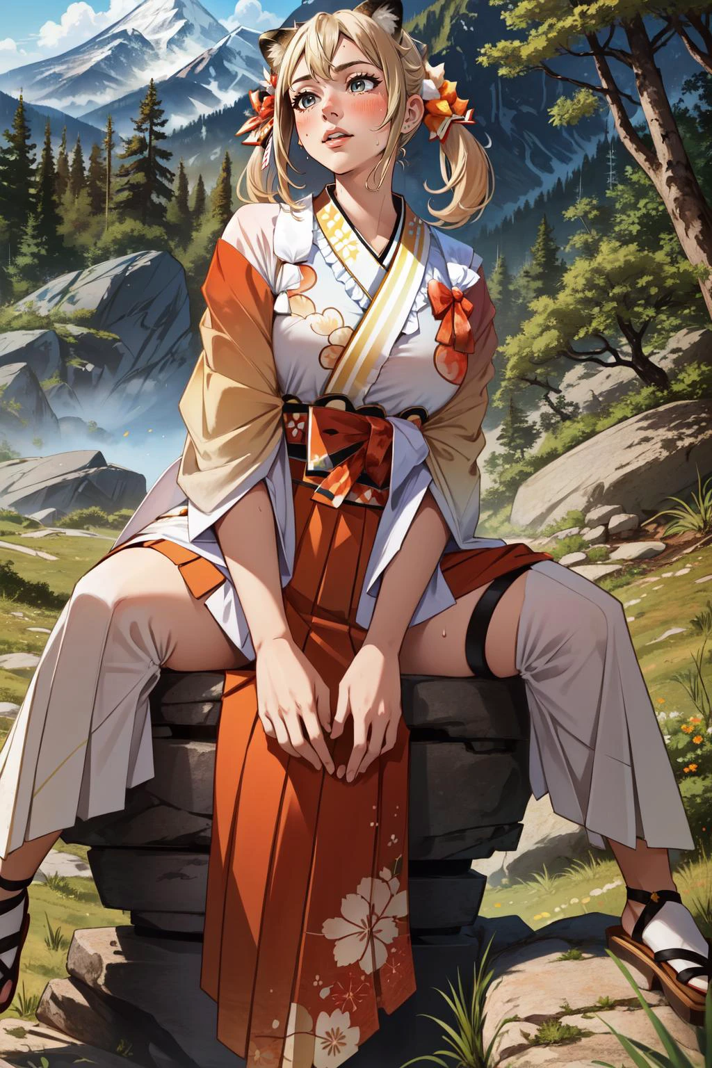 (masterpiece, best quality), intricate details,
1girl, <lora:CHAR-KazamaIroha:0.8> IrohaNewYears, animal ears, animal ear fluff, twintails, floral print, orange kimono, hakama skirt,
sweating, boob sweat,
hiking, mountain, outdoors, forest, rocks, trees, landscape, valley,