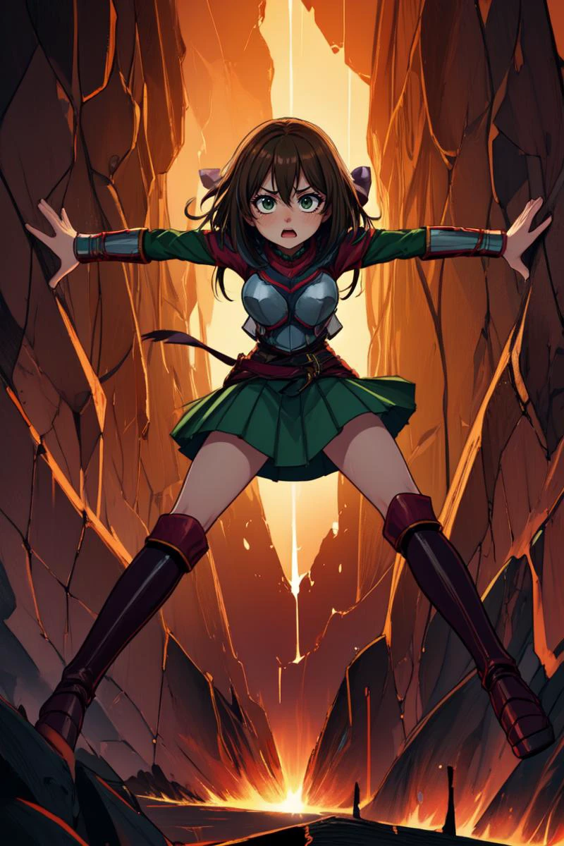 1girl, wearing a leather breastplate and thick green skirt, knee boots, bow \(weapon\), <lora:climbingBetweenCliffs:0.4> brick walls,outstretched arms,(((outstretched legs))),((climbing)),full body, bare legs on brick walls, hands flat on the birck walls, between walls, (lava underneath:1.4), from below, upskirt, white panties with hearts, panicked expression, sweating profusely,, <lora:lcm-lora-sdv1-5:0.7>