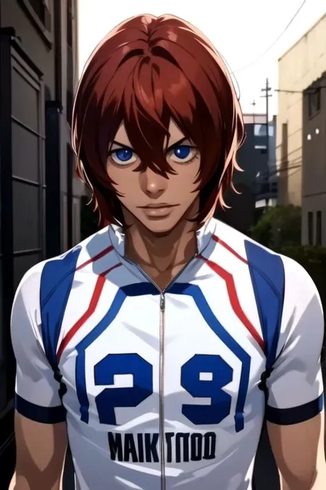 photorealistic, (4k), depth of field, (Masterpiece), (realistic skin texture), extremely detailed, intricate, hyper detailed, high resolution, professional photography, bokeh, depth of field, sharp detail, best quality, , 1boy, solo, male focus, <lora:hayato_shinkai:0.98>, hayato_shinkai, red hair, blue eyes, hair between eyes, athletic wear, , post-apocalyptic,
