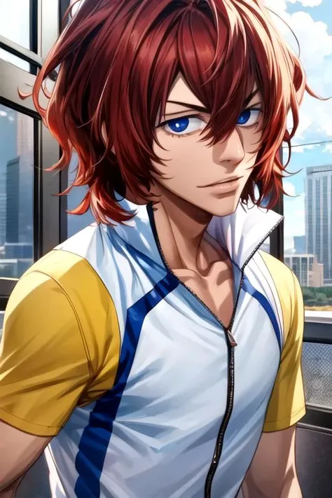 (best quality:1.1), (masterpiece:1.4), movie still, looking at viewer, upper body, depth of field, anime coloring, , 1boy, solo, male focus, <lora:hayato_shinkai:0.76>, hayato_shinkai, red hair, blue eyes, , , , , 16k resolution