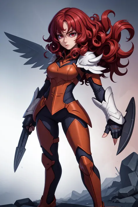 white, 1girl, standing, dramatic scene, demon hunter, curly hair, hands