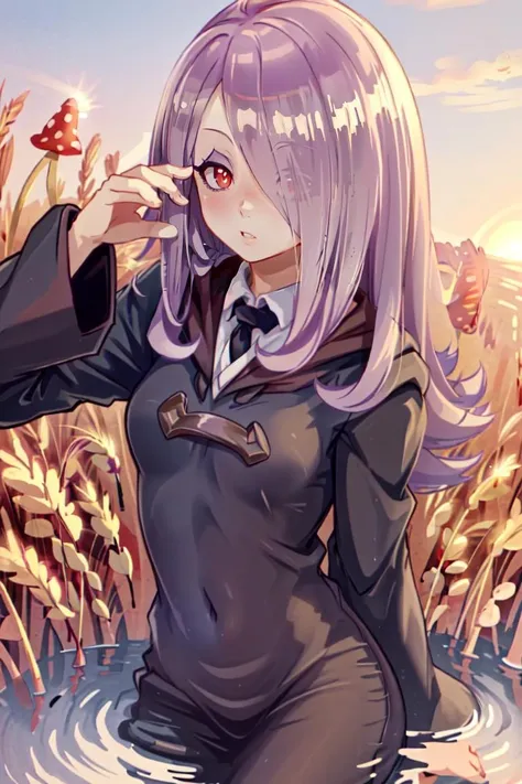 ((best quality)), ((highly detailed)), masterpiece, extremely detailed face, beautiful face, (detailed eyes, deep eyes), (1girl), partially submerged, <lora:sucyManbavaranLORA_sewsyFinal:1>, sucy, sucy_manbavaran, hair over one eye, red eyes, purple hair, Luna Nova Uniform, mushrooms, (at a wheat field), <lora:EnvyBeautyMix51:1>