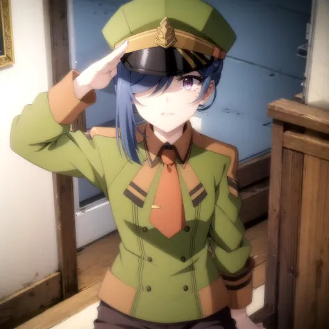 <lora:zeno_tensaiouji_v1(resize-sv5):1> zeno_olis, 1girl, solo, military hat, single sidelock, hair over one eye, purple eyes, mole under eye, military uniform, orange necktie, brown shorts, pantyhose, salute, standing, serious, looking at viewer
BREAK
indoors
BREAK
from above