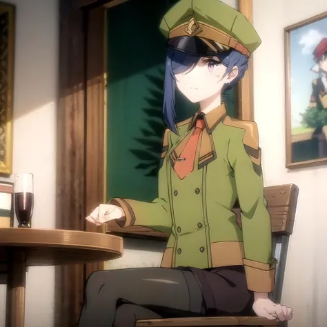 <lora:zeno_tensaiouji_v1(resize-sv5):1> zeno_olis, 1girl, solo, military hat, single sidelock, hair over one eye, purple eyes, mole under eye, military uniform, orange necktie, brown shorts, pantyhose, sitting, on chair, frown, looking to the side, (crossed legs:1.3)
BREAK
table, paper, book stack, indoors
BREAK
from side